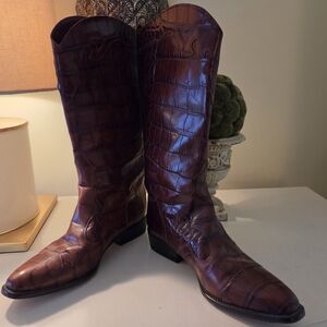 Joan & David Crocodile Pattern Brown Leather Cowboy Boots